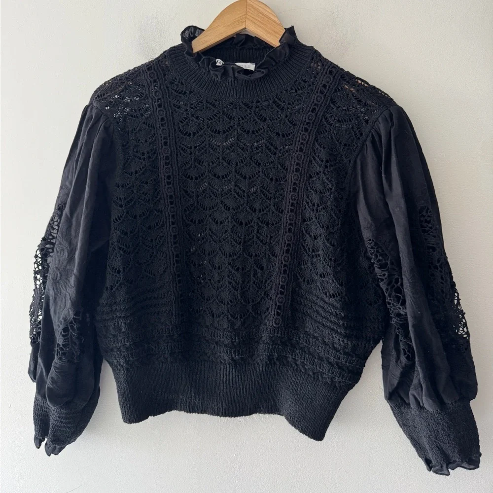 Zara Black Crochet Lace Puff Sleeve Cropped‎ Sweater Boho Top Victorian